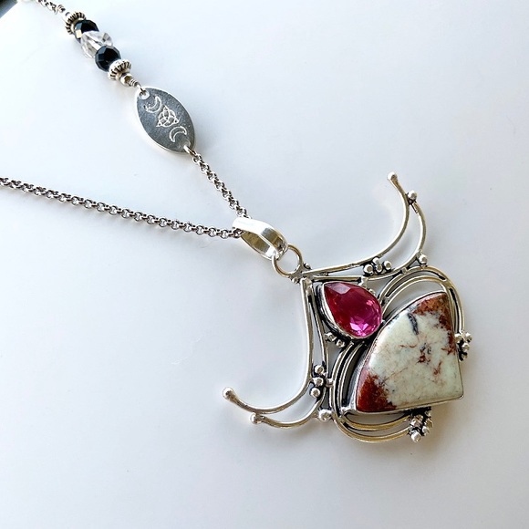 925 Sterling silver pink topaz & jasper necklace - Picture 4 of 8